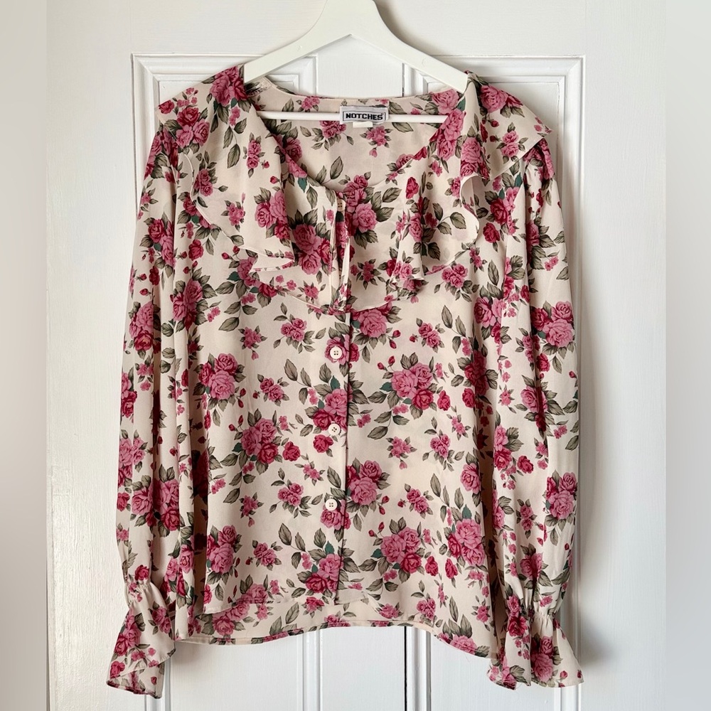 Vintage Large Blouse 90s Ruffle Floral Romantic Regency Poet Cottagecore Rose
